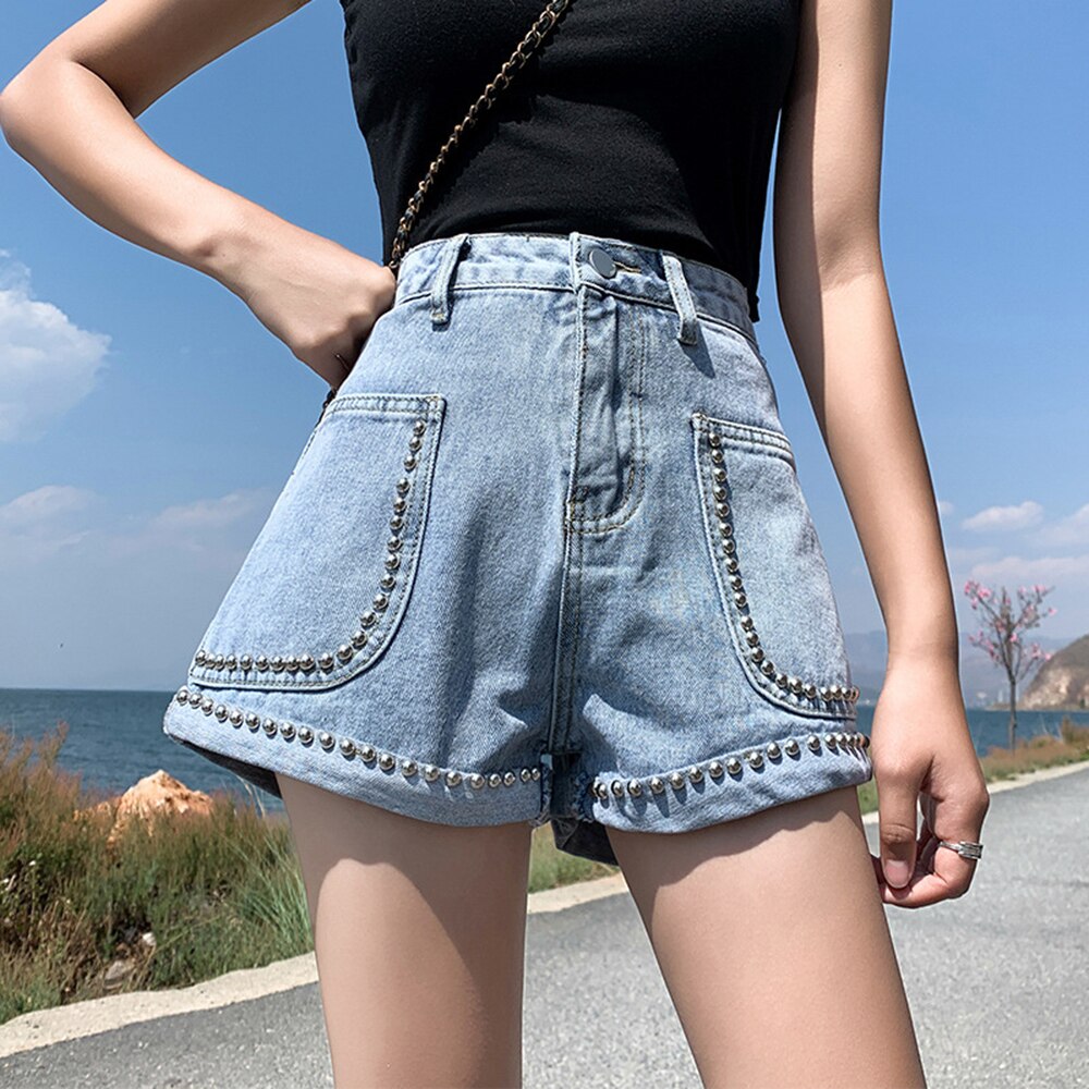 2022 Summer High Waist Denim Shorts Women Casual Loose Ladies Fashion beading Pocket Blue Jeans Female shorts 5XL